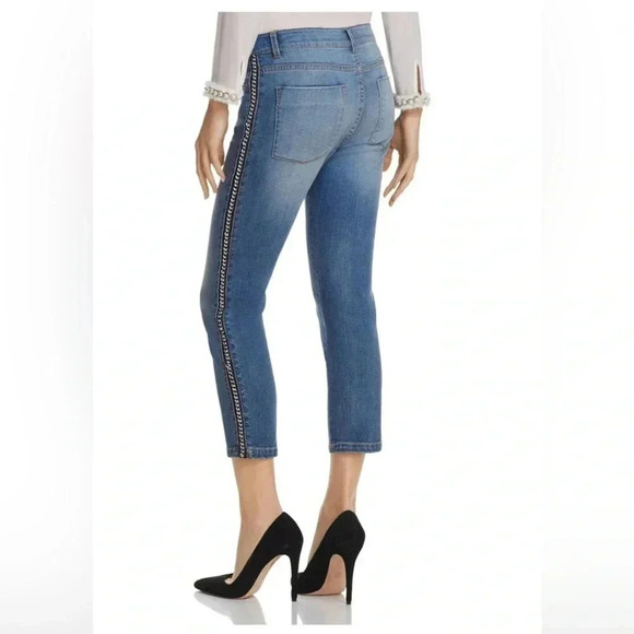 Alice + Olivia Edgy Skinny Jeans with Leather And Chain Side Detail Cropped - Picture 1 of 9